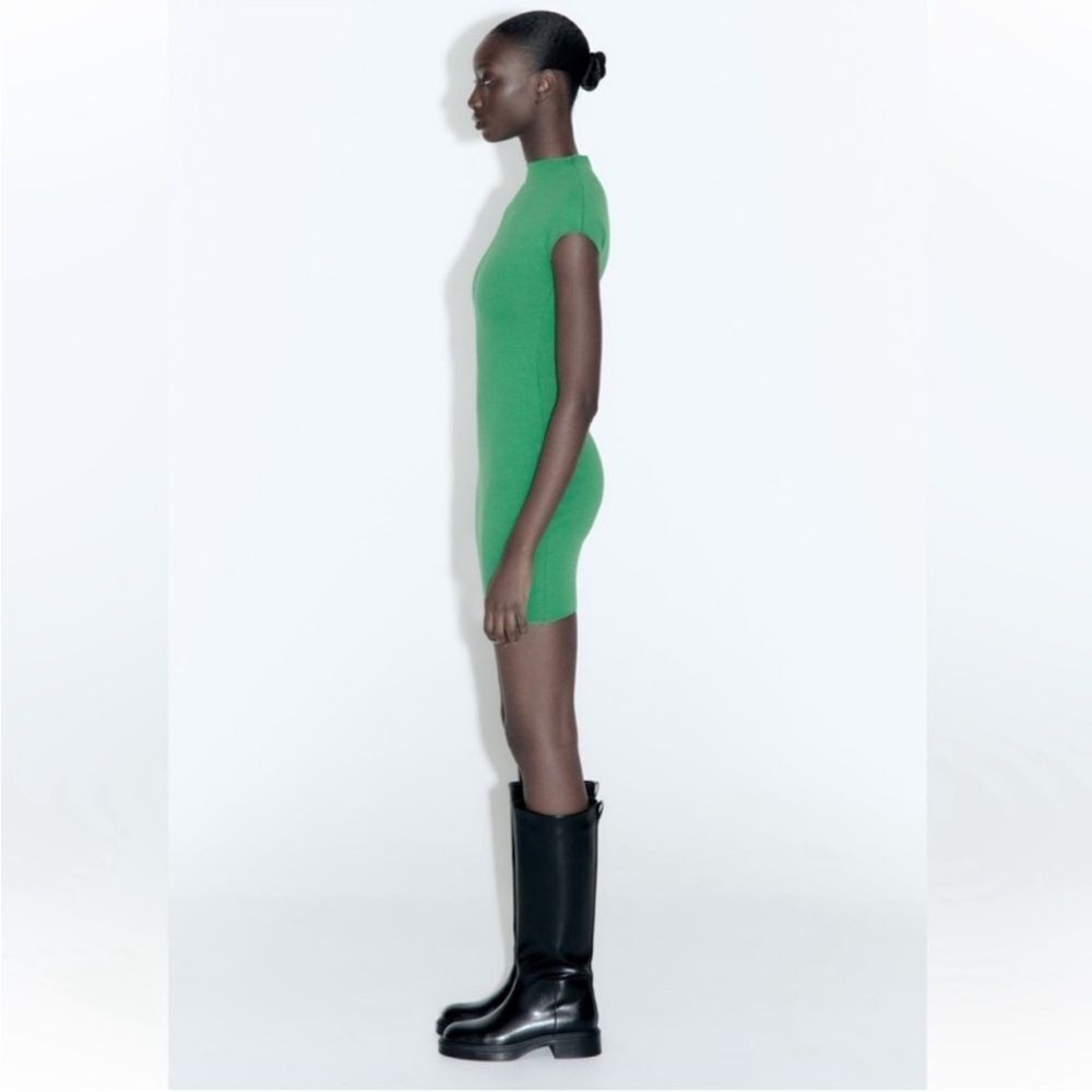 Zara Green Knit Mini Dress Short Sleeve Bodycon - Picture 4 of 8